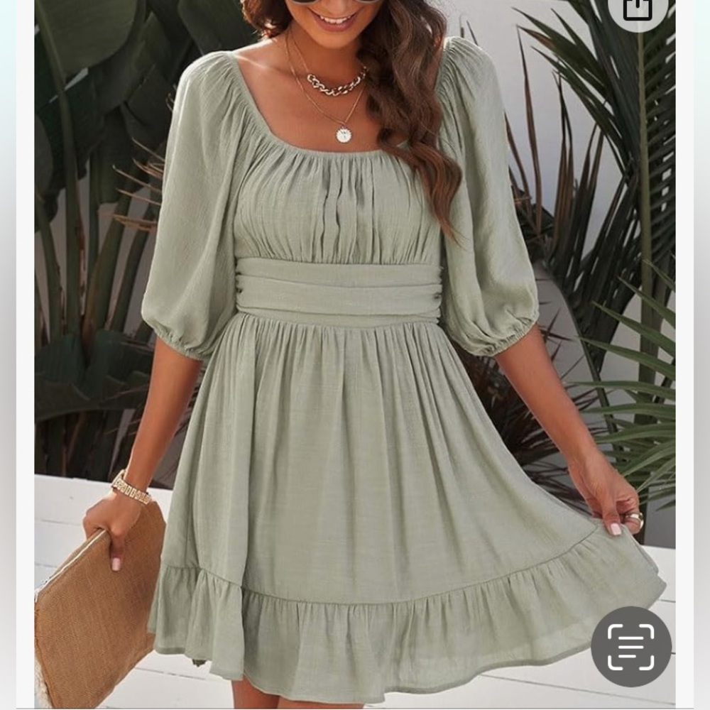 NWT DOSE sage, green square neck, detailed baby doll mini dress size L